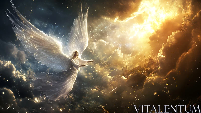 Radiant angel glides through glowing clouds toward a golden sky