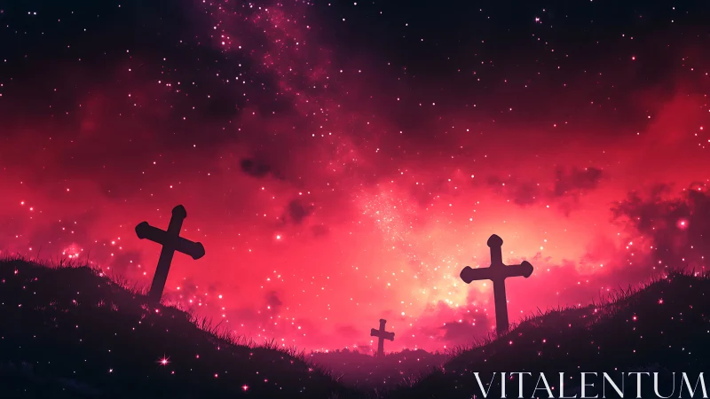 Graveyard crosses under red star field sky at night.