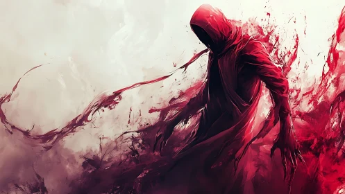 Hooded crimson wraith emerges from swirling blood mist