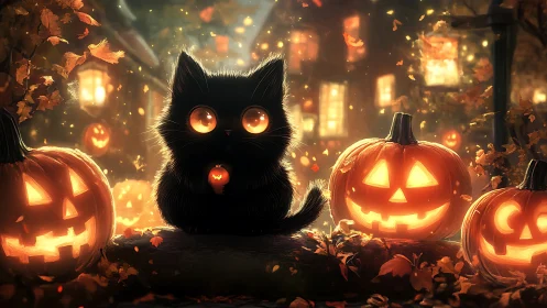 Black Cat with Glowing Eyes Seated Among Illuminated Jack-O'-Lanterns