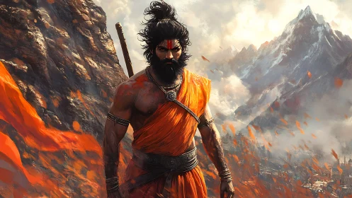 Mountain storm wraps the warrior monk in rivers of flame