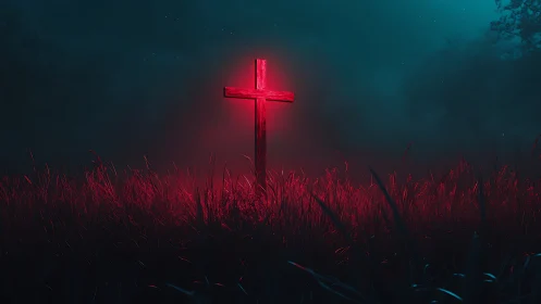 Luminous red cross emerges from nocturnal mist in neon glow