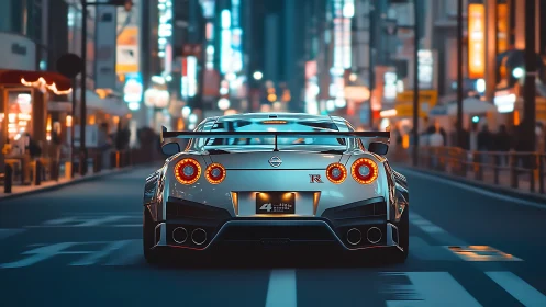 Cyberpunk rear street profile of tuned GT sports coupe at night.