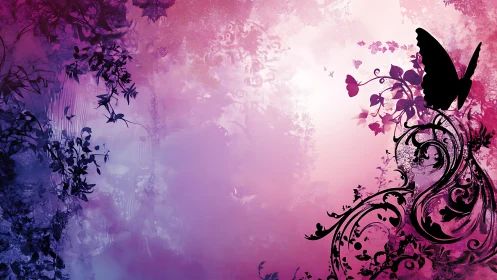 Silhouette butterfly overlaps floral vectors on gradient field