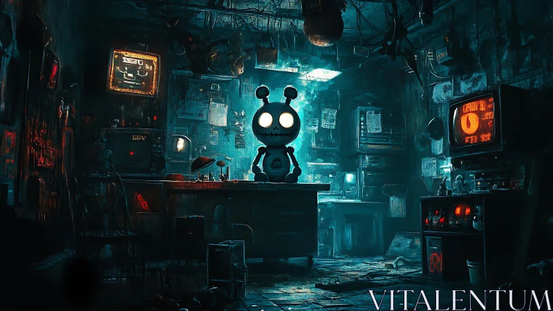 Robot figure in dim cyberpunk control room interior.