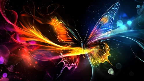 Prismatic cyber-butterfly carves light trails through cosmic night