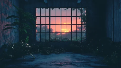 Overgrown empty room facing wide sunset window view.