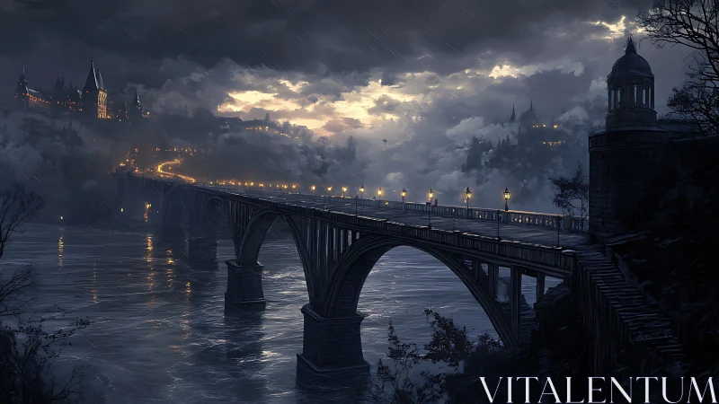 Moonlit stone bridge guiding travelers through misty night.