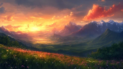 Sunlit alpine valley with glowing wildflower meadow at dusk.