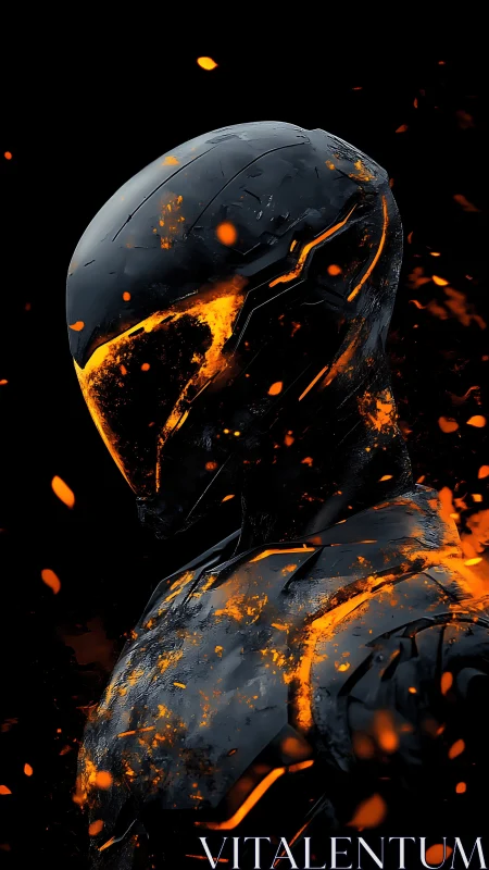 Helmeted humanoid figure in molten black armor stands isolated