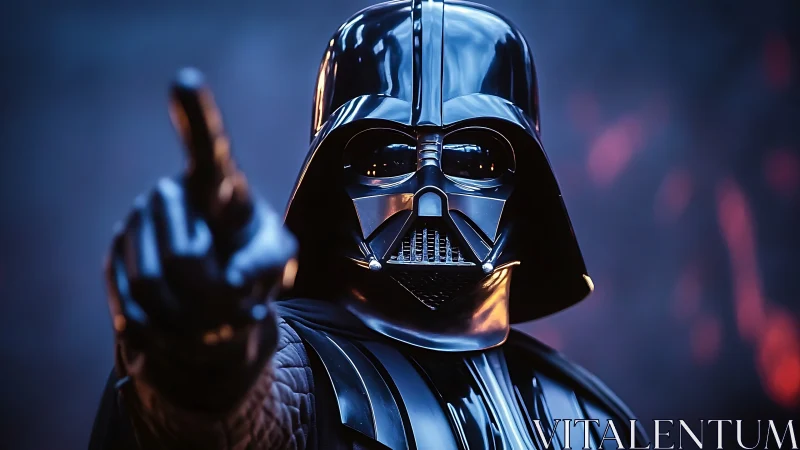 Armored sci‑fi figure points forward in glossy black helmet