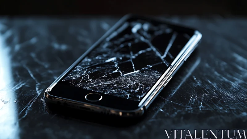 Fractured smartphone glass with high-contrast reflective detailing.