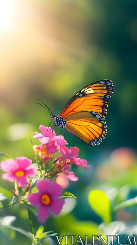 Sunlit monarch pauses on candy-bright garden blooms.