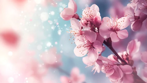 Pink Blossoms Blooming Against Soft Blue and White Bokeh Background