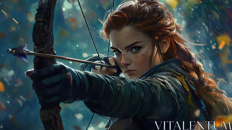 Fiery archer poised in rain-soaked forest ambush scene.