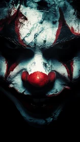 Sinister clown portrait with cracked red and white makeup.