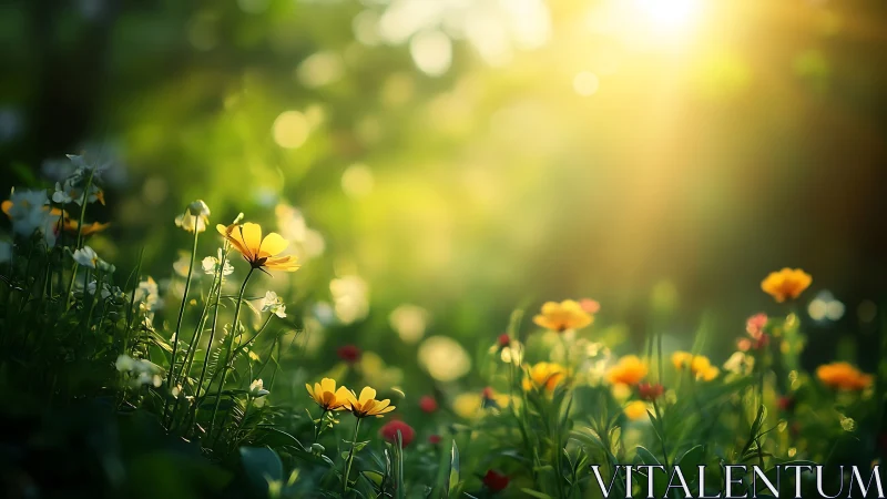 Sunlit yellow wildflowers occupy a shallow-focus garden scene