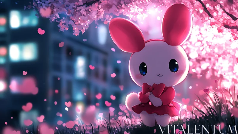 Cute bunny mascot glows under cherry blossoms at twilight