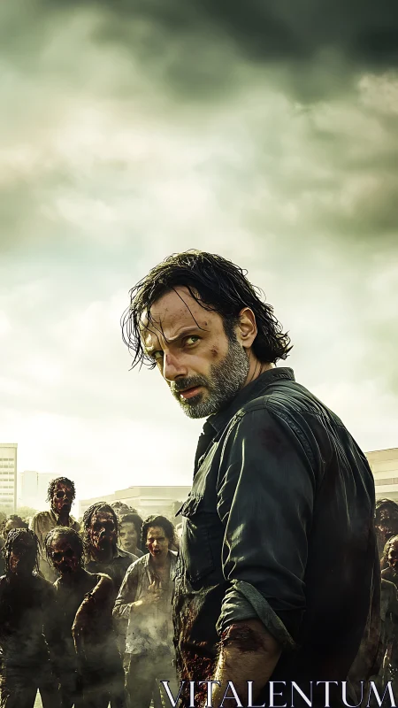 Bloodied survivor leads horde under storm-laden urban sky.