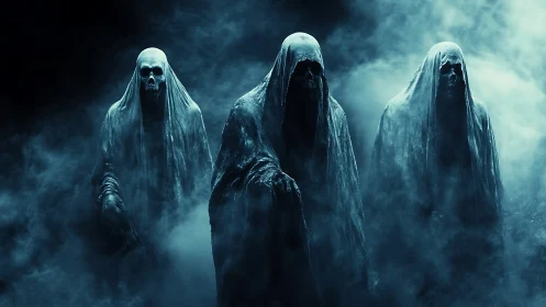 Hooded skeletal figures stand in dense blue atmospheric fog
