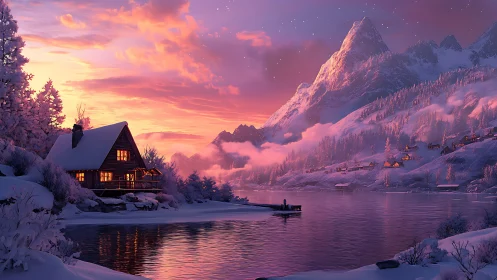 Snowy lakeside cabin glows under vivid winter sunset sky