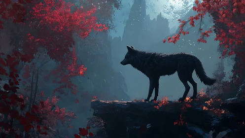 Silhouette of wolf on rocky ledge in red forest landscape.