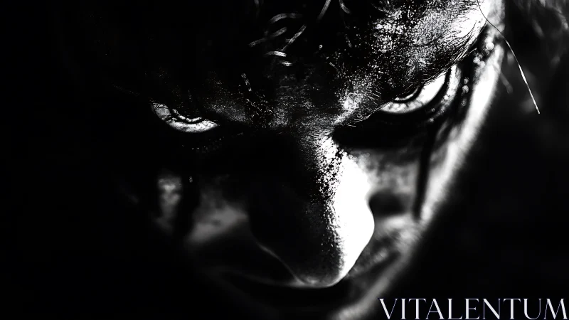 Close frontal view of heavily shadowed monochrome face.