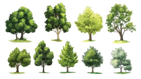 Lush green tree illustrations capture diverse garden silhouettes