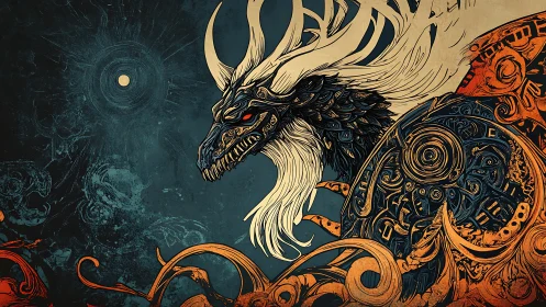 Clockwork Wyrm Under Eclipse, Coiled in Ember Sigils.