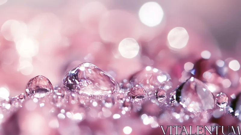 Macro water droplets form crystalline domes on pink bokeh field