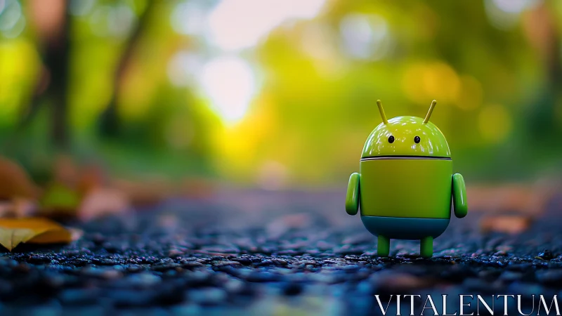 Playful Android mascot stands on sunlit forest pathway