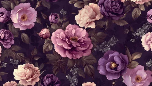 Floral Pattern with Pink and Purple Peonies on Dark Background