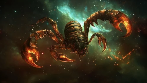 Celestial ember scorpion prowls a storm-lit cosmic void.