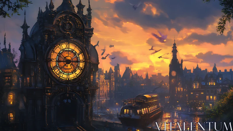 Twilight steampunk clocktower over luminous canal cityscape.