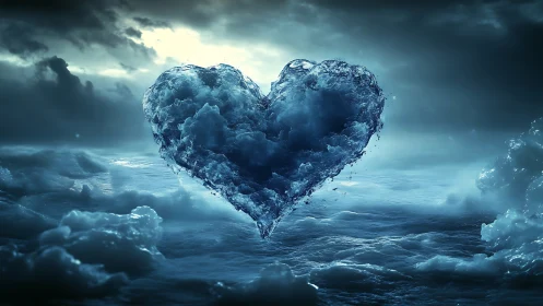 Heart-shaped ice formation emerging from turbulent ocean waves.