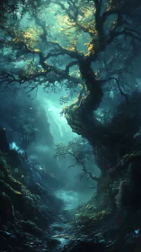 Enchanted Forest Cavern Bathed in Ethereal Turquoise Light