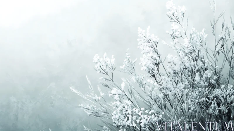 Frosted wildflowers glow softly in a tranquil winter haze