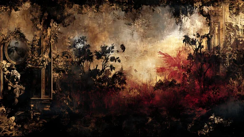 Baroque ruins merge with burning forest under smoky sky