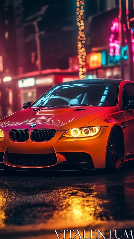 Neon night racer prowls through rainlit cyber city streets