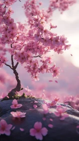 Pink cherry blossoms on a rocky surface in soft light.