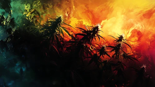 Glowing forest silhouettes against a fiery dreamlike sky.