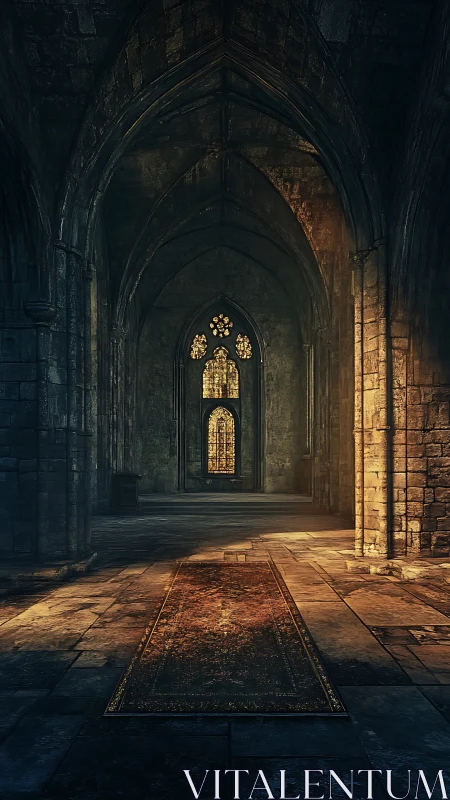 Gothic nave interior with stained glass and localized warm volumetric light