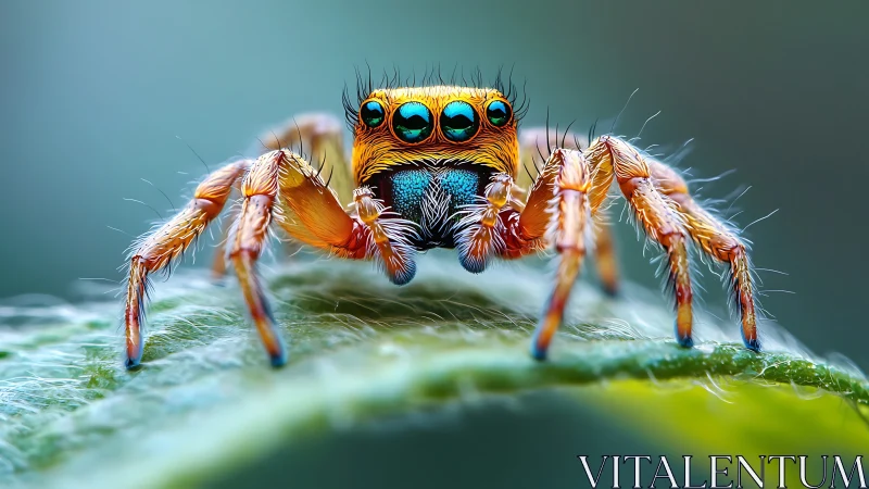Macro close-up of iridescent jumping spider on leaf surface