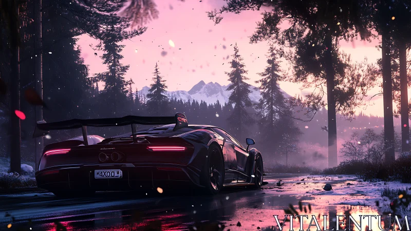 Hypercar powers through neon dusk on snowy forest road.