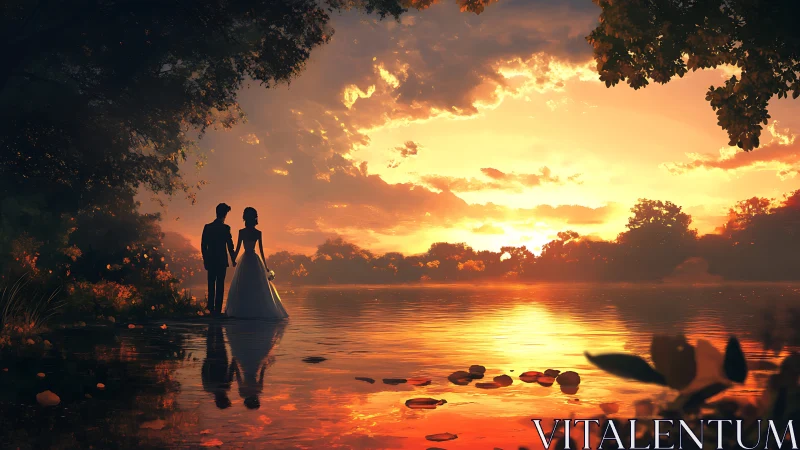 Silhouetted couple standing in shallow water beneath golden sky gradient