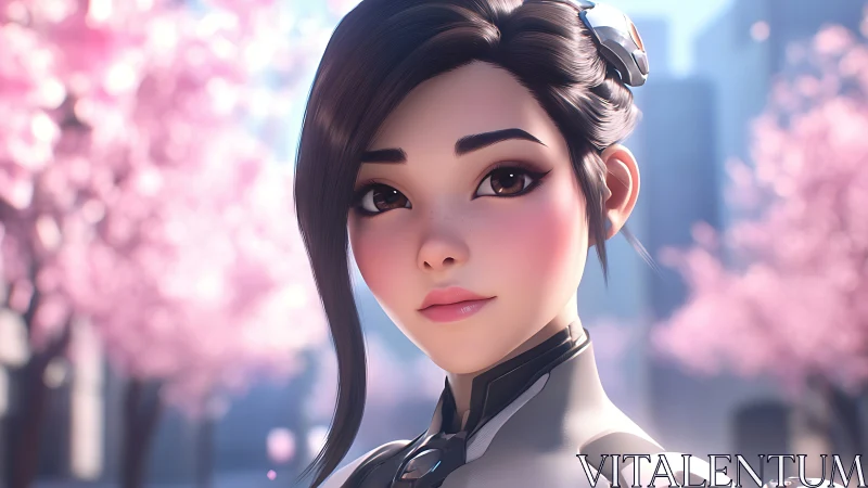 Cybernetic courtesan amid defocused sakura bokeh field.