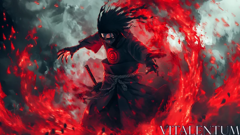 Anime ninja warrior controlling red elemental fire vortex