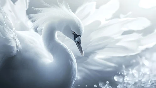 Glacial swan queen bending through shards of quiet light.