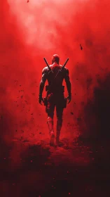 Red suited antihero walking into dense red smoke cloud.