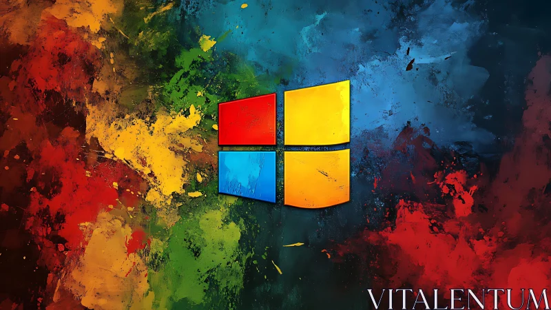 Windows logo floats over explosive abstract paint field.